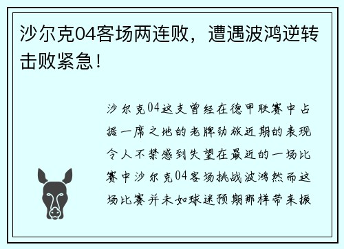 沙尔克04客场两连败，遭遇波鸿逆转击败紧急！